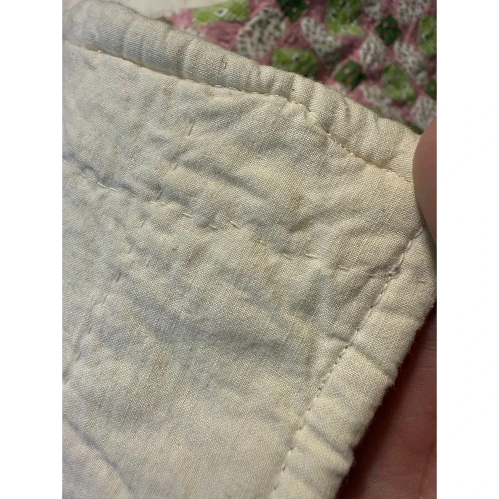 Vintage Handmade Patchwork Quilt Pink Green Floral Plaid Cottagecore Farmhouse